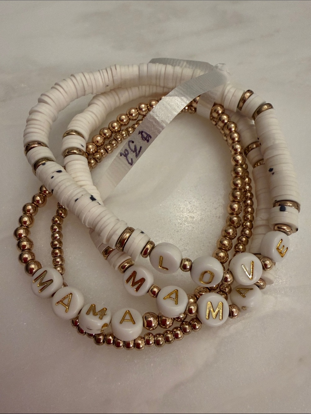 White and Gold 'Mama” “Love' Beaded Bracelet Set of 4, Stretch to fit. OS